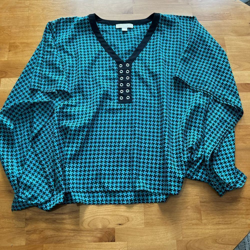 MICHAEL MICHAEL KORS green & black geometrical pattern cape poncho shirt L/XL